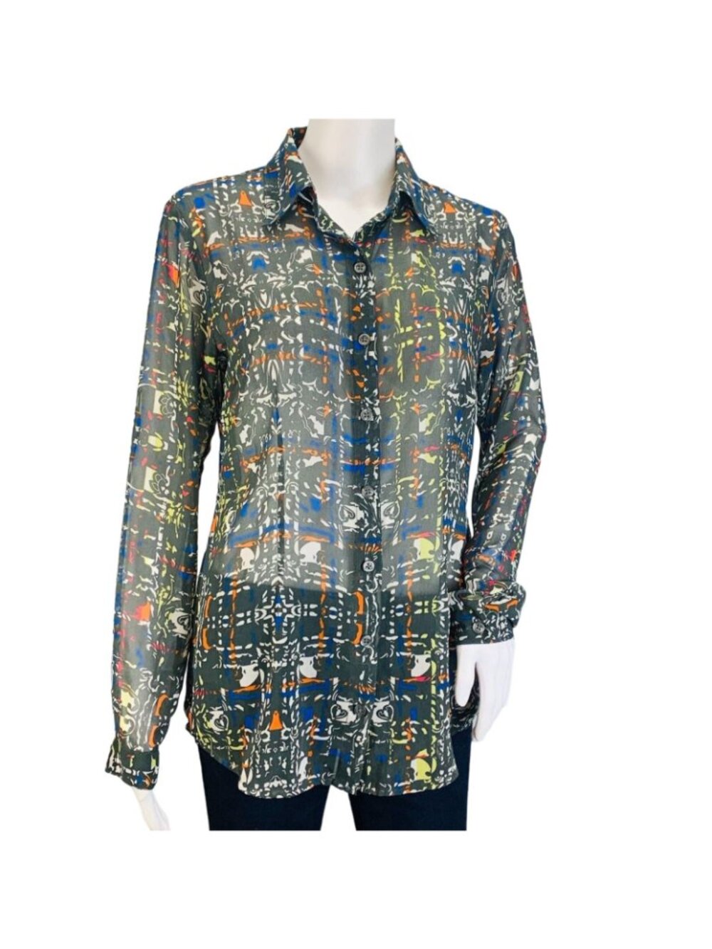 Cabi Womens Festival Button Blouse Multicolor Geometric Print Sheer #129 Size S - Picture 2 of 12